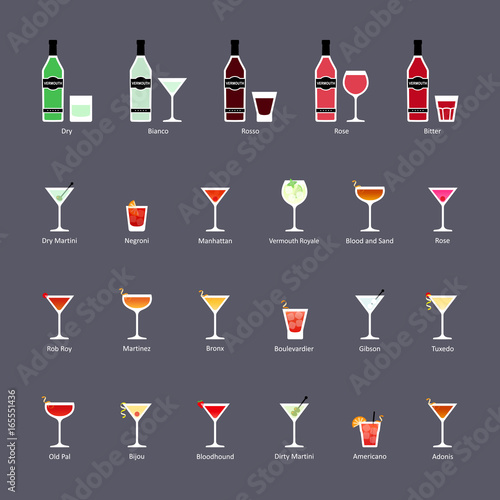 Types of vermouth and cocktails with vermouth, set of flat icons