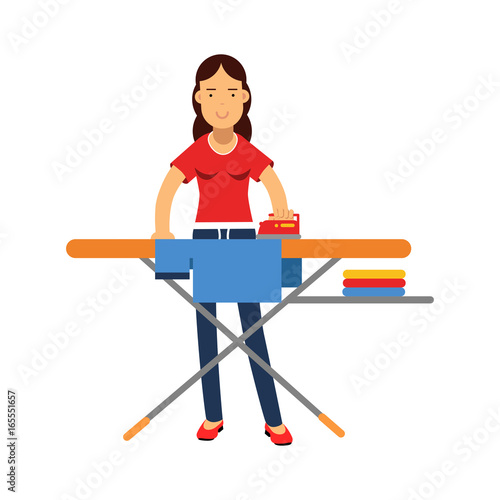 Beautiful young brunette woman ironing clothes on an ironing board, home cleaning and homework vector Illustration
