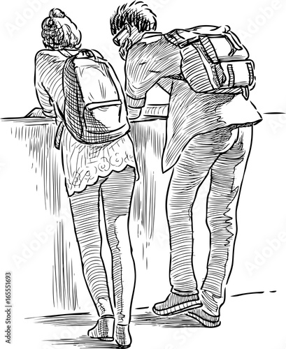 The students talking in the city park