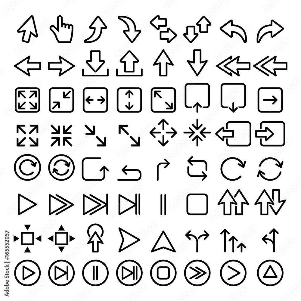 Arrows line icons set, big pack of arrow graphic elements - play, direction, website, mobile app
Arrows line icons set, big pack of arrow graphic elements - play, direction, website, mobile app