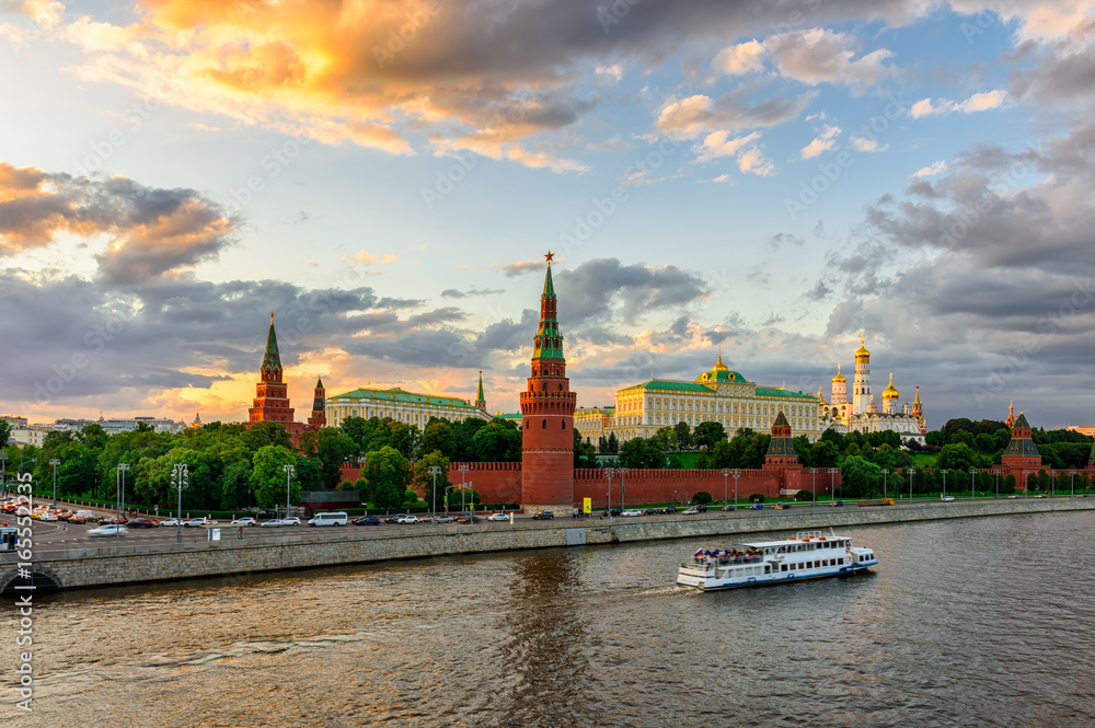 Moscow Kremlin, Kremlin Embankment and Moscow River in Moscow, Russia. Architecture and landmark of Moscow Moscow Kremlin, Kremlin Embankment and Moscow River in Moscow, Russia. Architecture and landmark of Moscow