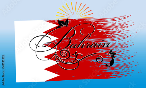 Bahrain. Calligraphic cursive vintage Bahrain lettering inscription with floral ornament on the  brush stroke Bahrain flag. Vector background for design, prints,emblem, cloth,  souvenirs