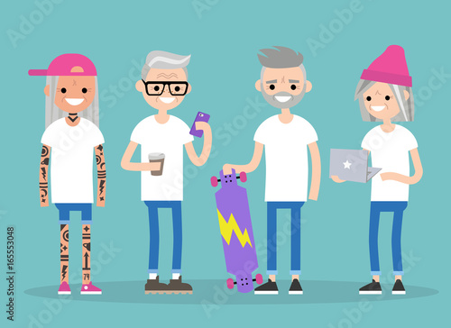Forever young. Millennials in senior age. A group of trendy active seniors / flat editable vector illustration, clip art