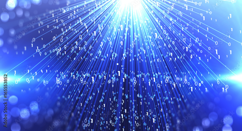 Fototapeta premium Explode particle background/Blue bytes of binary code flying through a vortex, background code depth of field