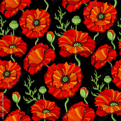 Fototapeta Naklejka Na Ścianę i Meble -  Seamless pattern with red poppy flowers. Floral background