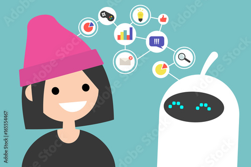 Data transfer conceptual illustration. Human and robot communication. New technologies. Flat editable vector illustration, clip art