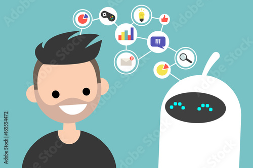 Data transfer conceptual illustration. Human and robot communication. New technologies. Flat editable vector illustration, clip art