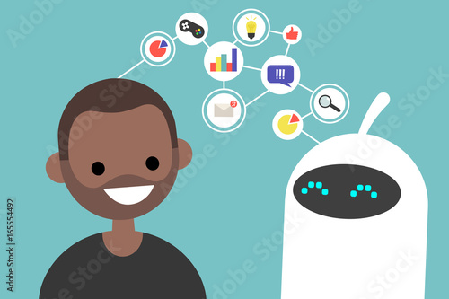 Data transfer conceptual illustration. Human and robot communication. New technologies. Flat editable vector illustration, clip art