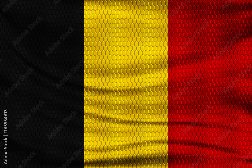 Fototapeta premium National flag of Belgium on wavy fabric with a volumetric pattern of hexagons. Vector illustration.