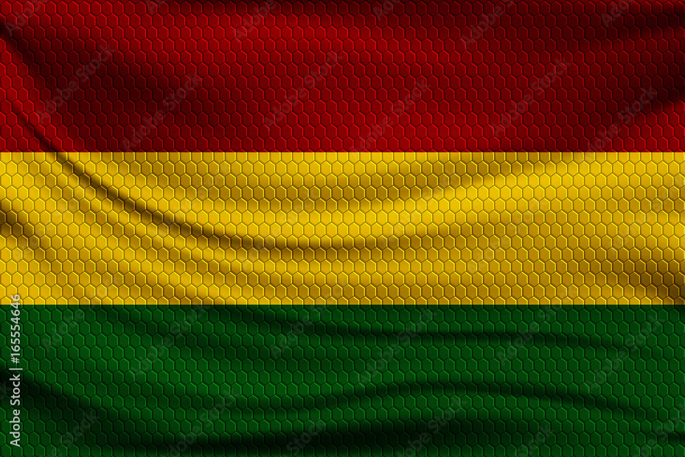 Obraz premium National flag of Bolivia on wavy fabric with a volumetric pattern of hexagons. Vector illustration.