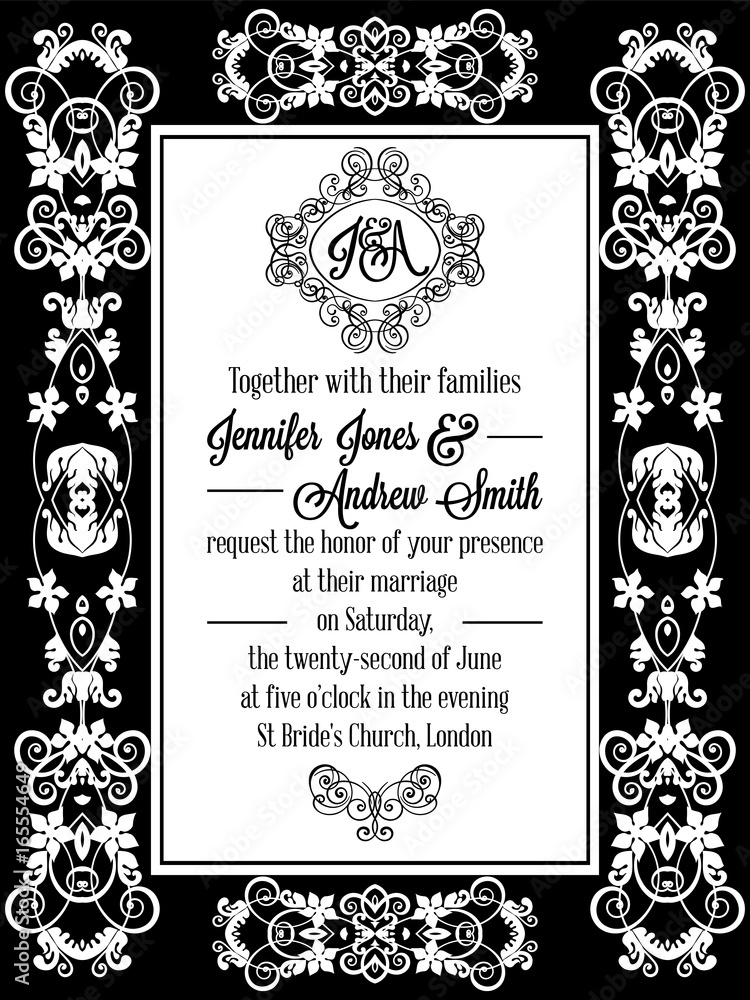 Elegant floral swirls, lacy pattern ornate frame, monogram and place for text. Wedding invitation in classical formal style in black and white. Elegant floral swirls, lacy pattern ornate frame, monogram and place for text. Wedding invitation in classical formal style in black and white.