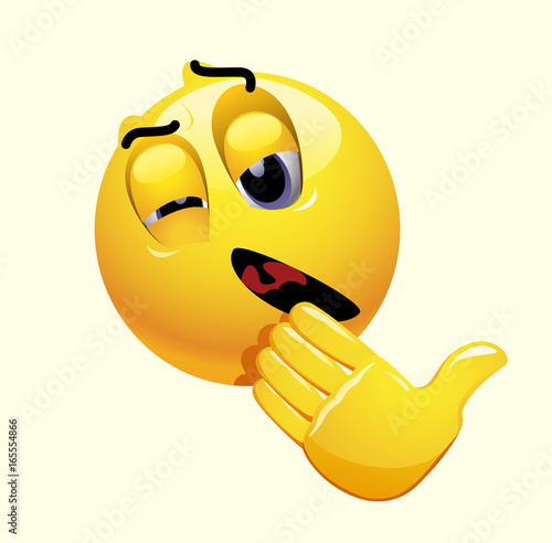 Tired smiley wants to sleep. Emoticon puts his hand on mouth and yawning.