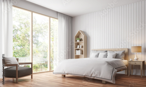 Modern vintage bedroom 3d rendering image.There are wood floor decorate wall with white wooden plank .There are large windows look out to see the nature photo