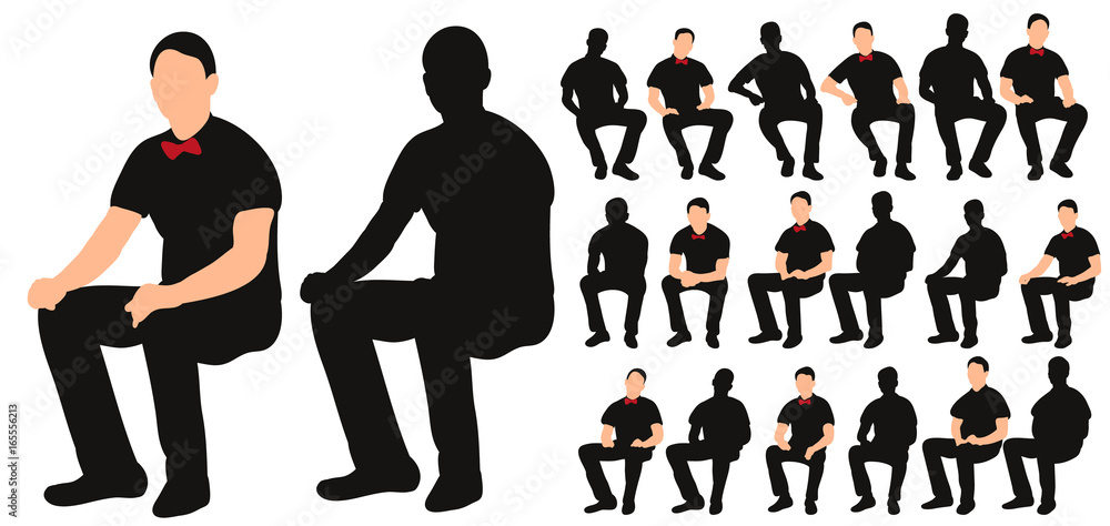 Vector, isolated silhouette of man sitting, with bow tie, collection of sitting men - obrazy, fototapety, plakaty 