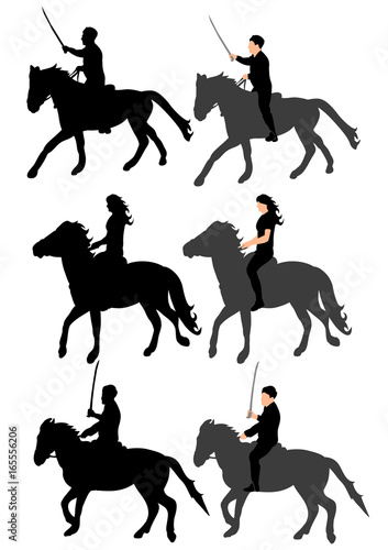  isolated silhouette of people jumping on horses, riders