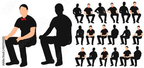 Vector, isolated silhouette of man sitting, with bow tie, collection of sitting men