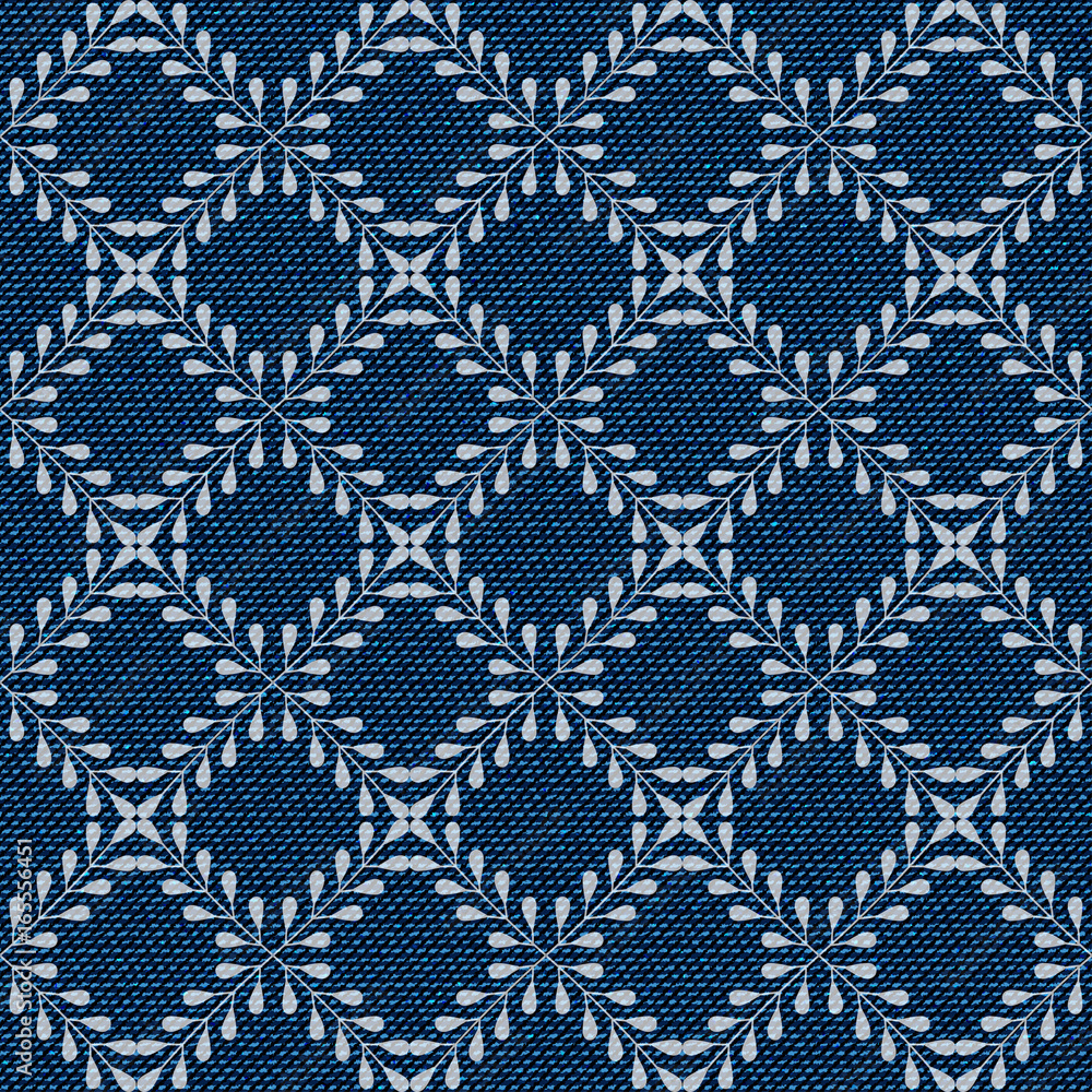 Dark blue jeans seamless texture. Denim background with floral geometric  pattern. Can be used for wallpaper, pattern fills, web page background,  surface textures. Denim texture Stock Vector