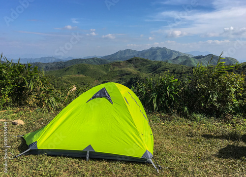 Camping and tent on hilltop,Nern Chang Suek landscape in kanchanaburi,thailand