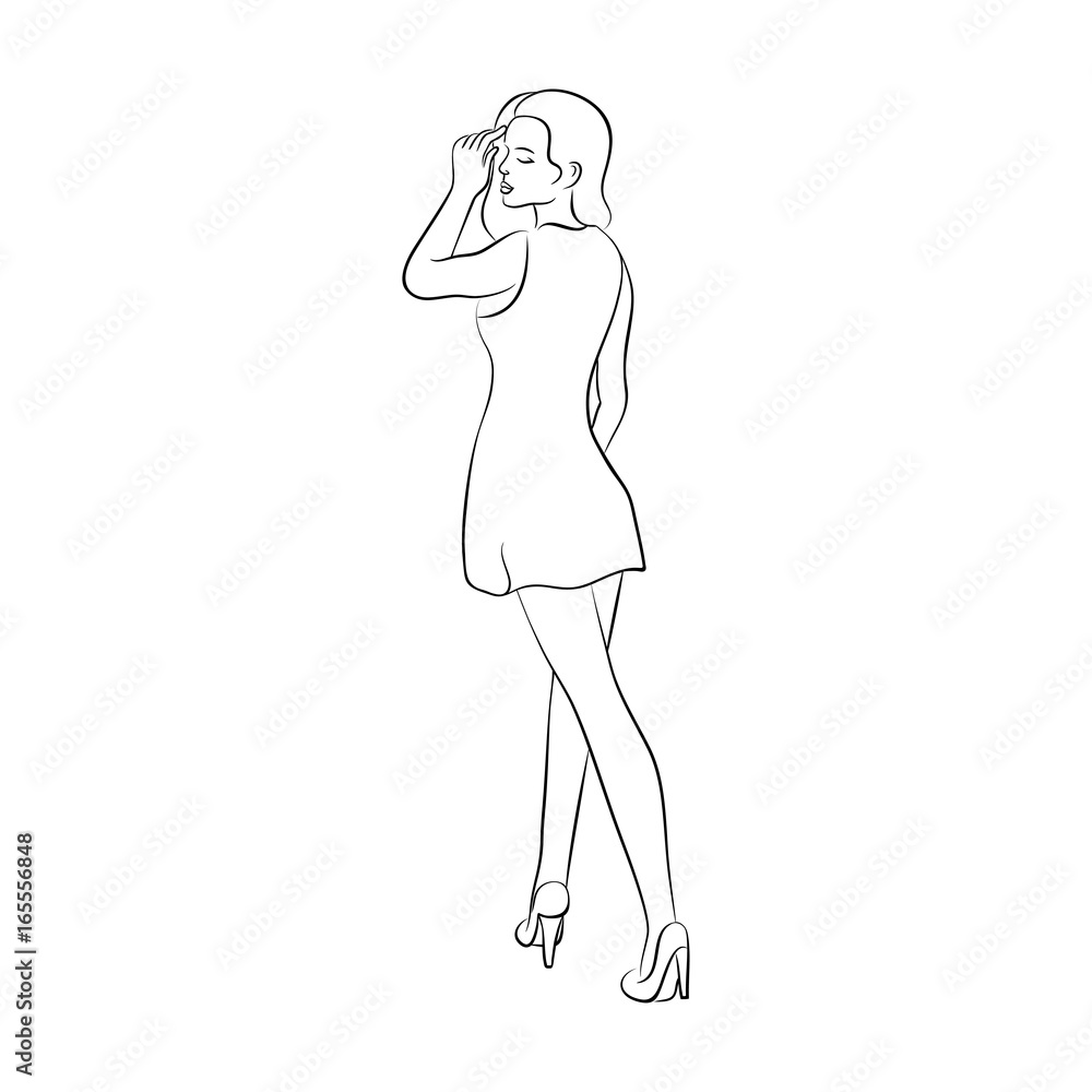 vector black white contour simple illustration of staying girl vector black white contour simple illustration of staying girl
