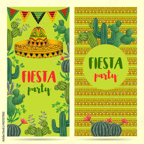 Invitation for fiesta party with sombrero, cacti and ethnic ornament. Hand drawn vector illustration