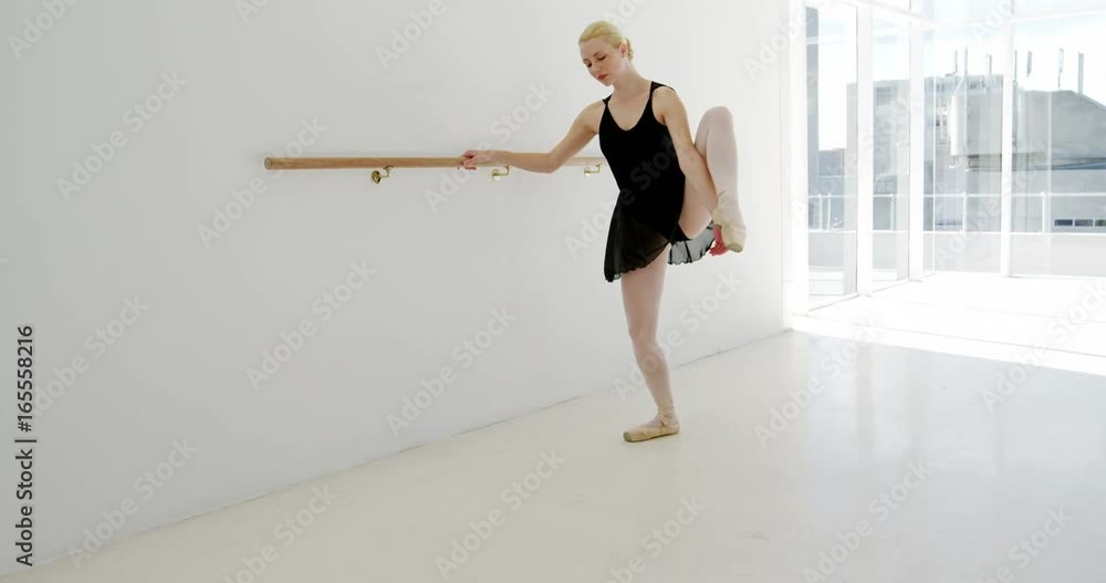 Ballerina practicing ballet dance at barre Ballerina practicing ballet dance at barre