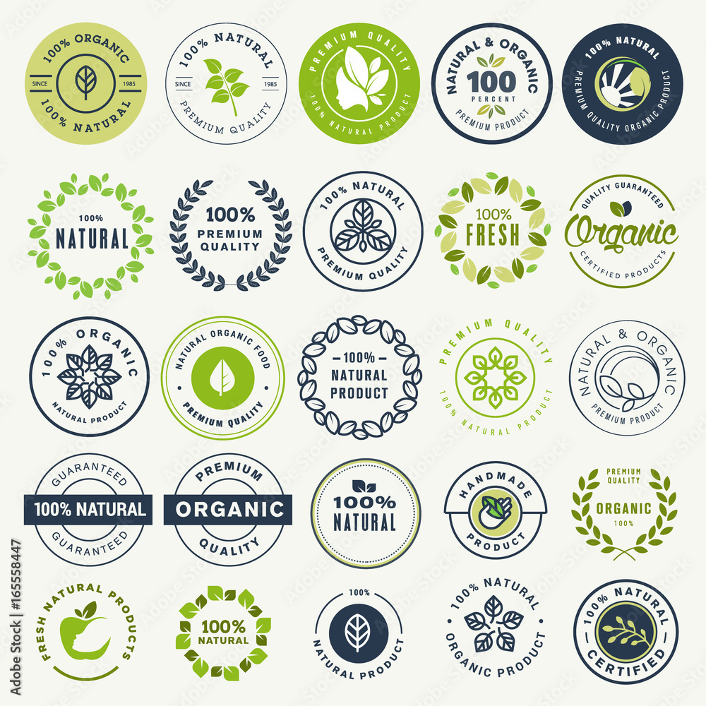 Set of stickers and badges for organic food and drink, and natural ...