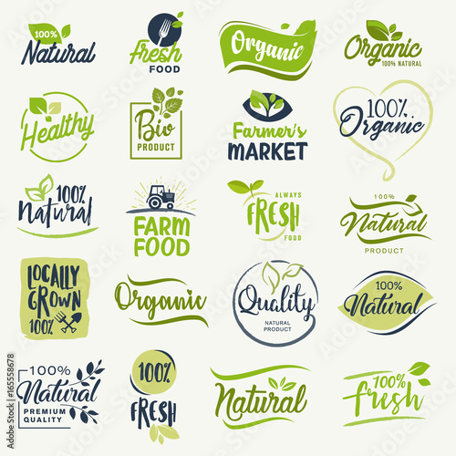 Organic food, farm fresh and natural product signs collection for food market, ecommerce, organic products promotion, healthy life and premium quality food and drink.