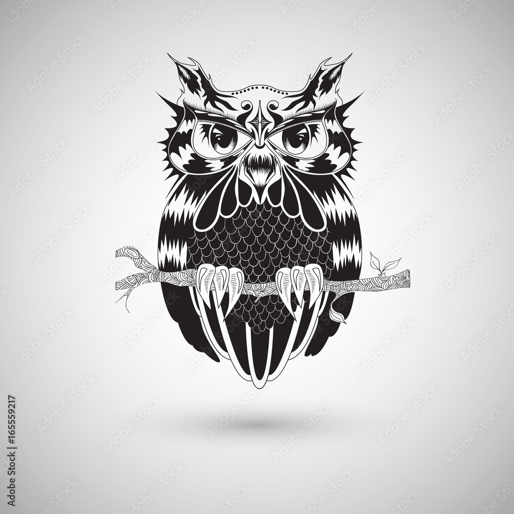 Obraz premium Graphic drawing of owl, tattoo design, vector illustration