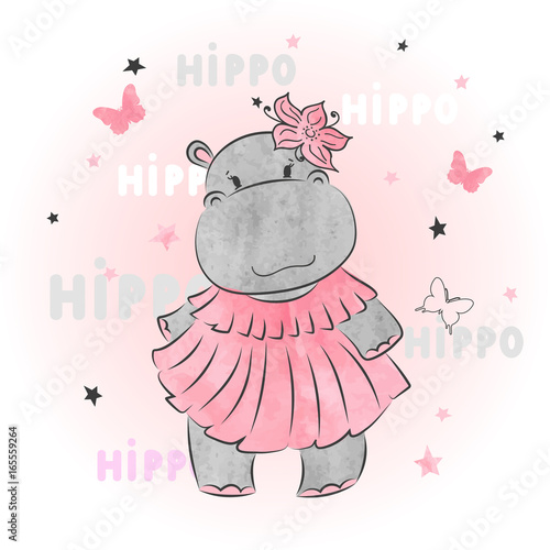 Cute cartoon baby Hippo. Vector watercolor illustration.