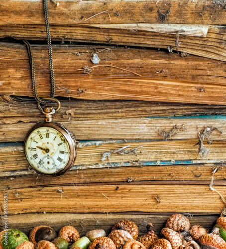 Old dusty books with broken pocket watch and acorns