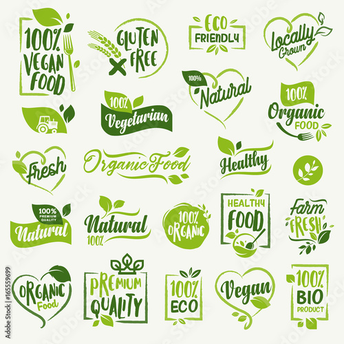 Organic food, farm fresh and natural product stickers and badges collection for food market, ecommerce, organic products promotion, healthy life and premium quality food and drink.