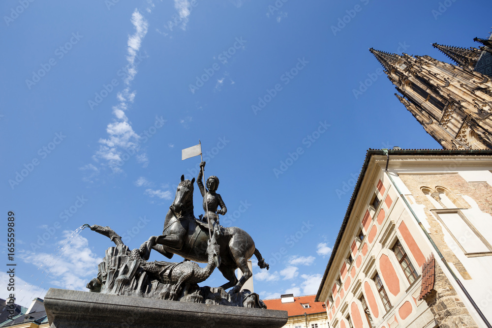 Statue of St. George and a fountain - Prague Castle