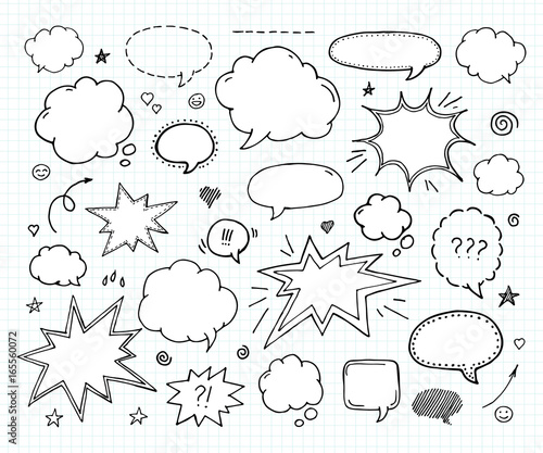 Hand drawn set of speech bubbles and arrows