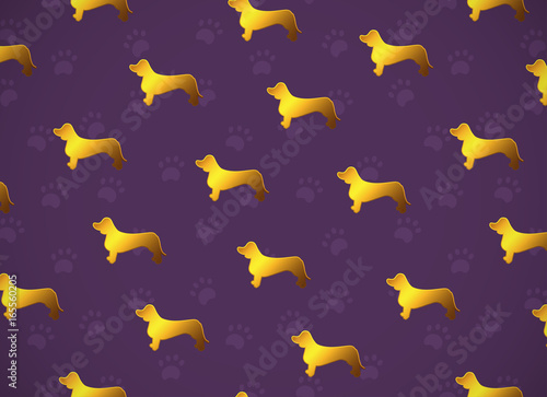 Horizontal card. Pattern with yellow gold dogs. Breed dachshund.
