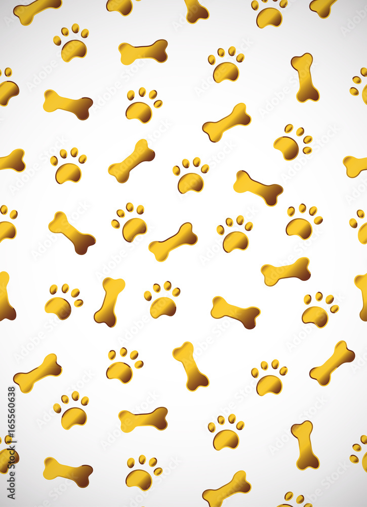 Vertical card. Pattern with gold paws and bones. Vertical card. Pattern with gold paws and bones.
