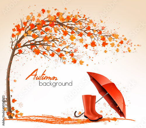 Autumn banners with trees and umbrella and rain boots. Vector.