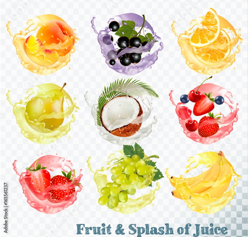 Set of fruit juice splash . Peach, orange, pear, grapes, banana, coconut, blueberry, strawberry, raspberry and blackberry. Vector