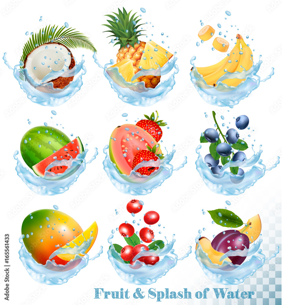 Big collection of fruit in a water splash icons. Pineapple, mango, peach, guava, blueberry, plums, strawberry, granberry, raspberry, blackberry. Vector Set Big collection of fruit in a water splash icons. Pineapple, mango, peach, guava, blueberry, plums, strawberry, granberry, raspberry, blackberry. Vector Set
