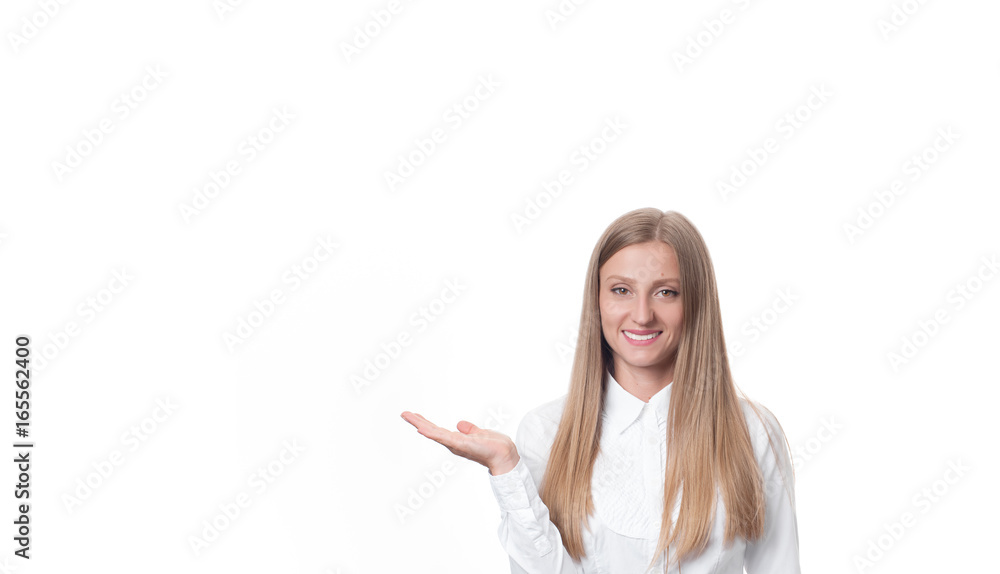 Business woman hold open palm with empty copy space. Business woman hold open palm with empty copy space.