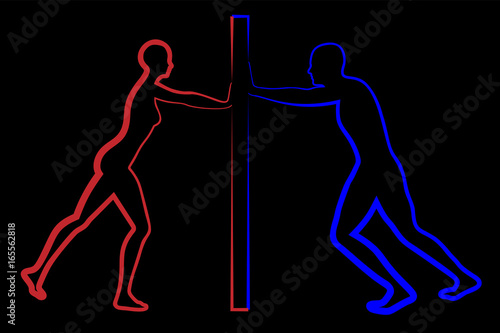 man and woman push a door from the opposite direction