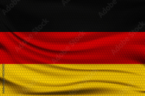 National flag of Germany on wavy fabric with a volumetric pattern of hexagons. Vector illustration.