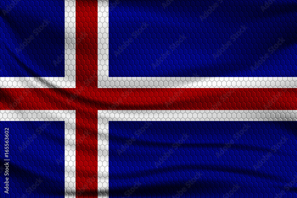Fototapeta premium National flag of Iceland on wavy fabric with a volumetric pattern of hexagons. Vector illustration.