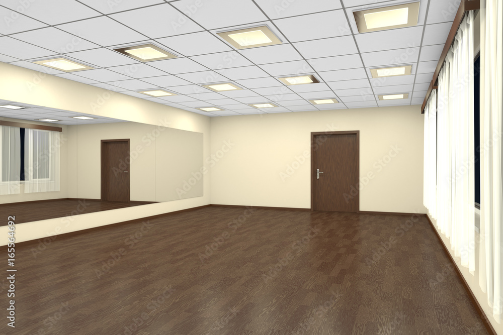 Empty training dance-hall at night with yellow walls and dark wooden floor, 3D illustration Empty training dance-hall at night with yellow walls and dark wooden floor, 3D illustration