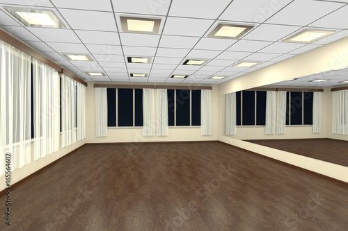 Empty training dance-hall at night with yellow walls and dark wooden floor  3D illustration