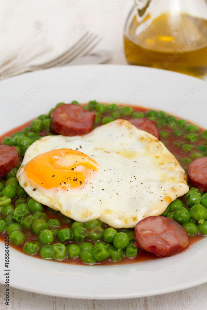 peas with smoked sausage and fried egg on plate peas with smoked sausage and fried egg on plate