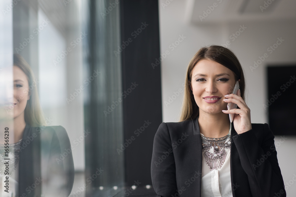 Business Girl Standing In A Modern Building Near The Window With Phone Business Girl Standing In A Modern Building Near The Window With Phone