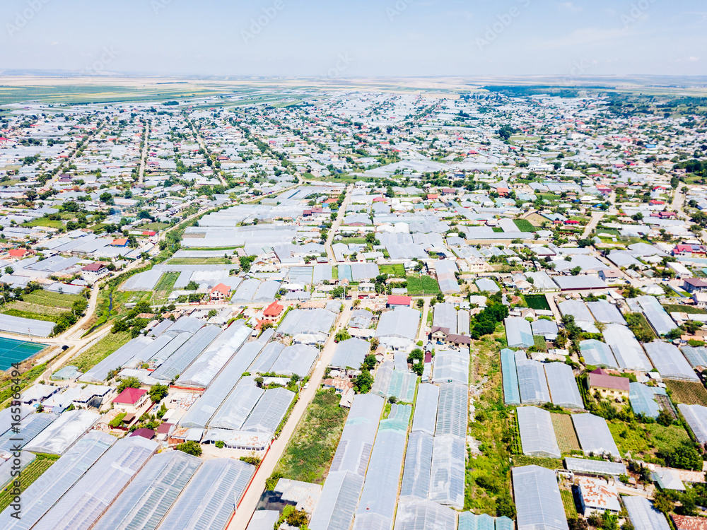 Aerial Drone View Of Agricultural Vegetables Fields Plantation And Greenhouses