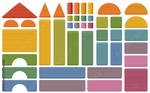 Building kit - colorful set of toy blocks with bricks, roofs, spires, pillars and archs - all parts with wooden texture. Isolated vector illustration on white background.