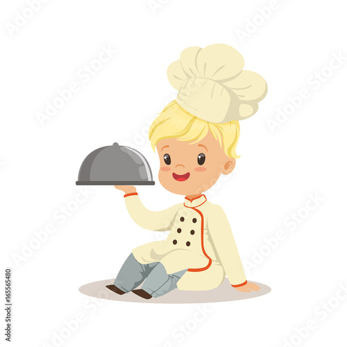 Cute little boy holding a silver cloche food platter vector Illustration