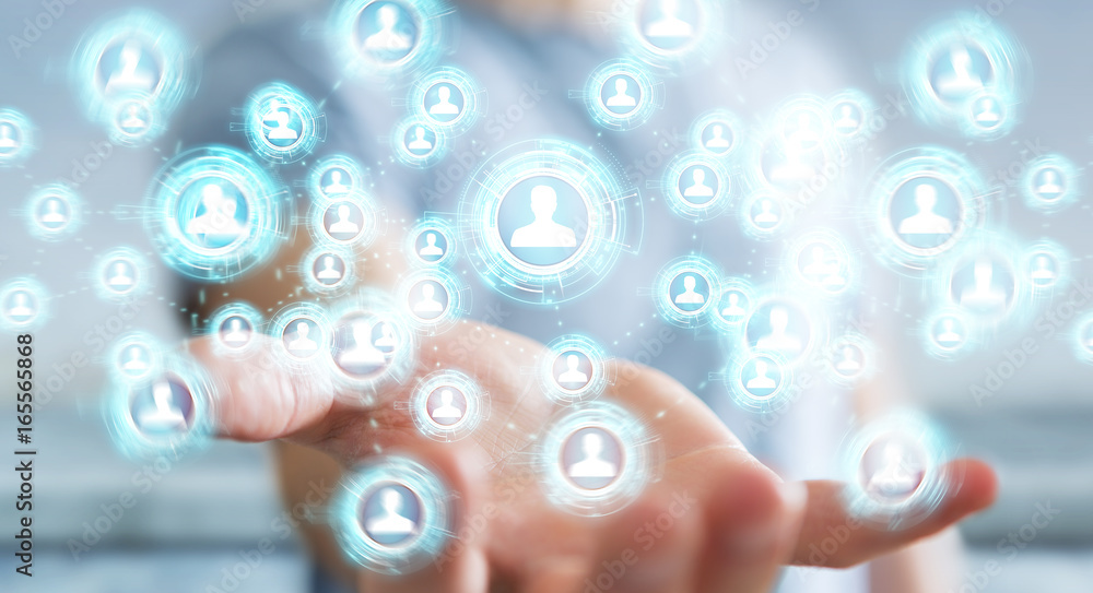 Businessman using social network interface 3D rendering Businessman using social network interface 3D rendering